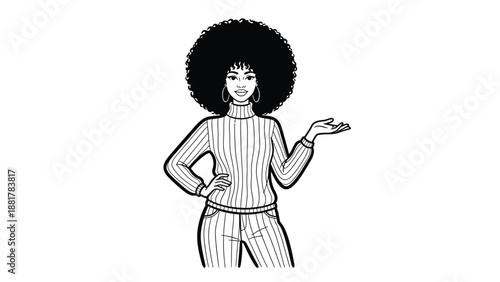 Stylish Black Woman with Afro and Striped Outfit Presenting an Idea with a Gesture