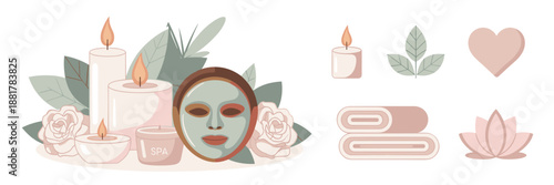 Neutral tone spa illustration with roses and lotus icons – Perfect for luxury skincare ads, relaxation guides, or gift cards.