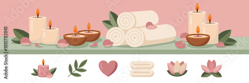 Serene spa setup with petals and botanical icons – Great for aromatherapy brands, meditation apps, or self-care checklists.