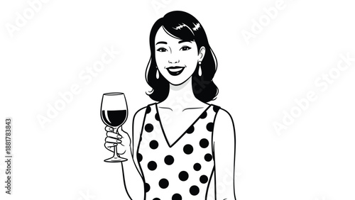 Chic woman in polka dots holding a glass of red wine celebrating a festive occasion