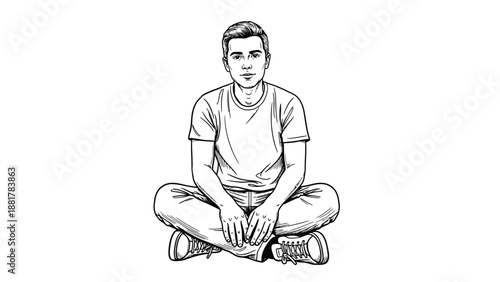 Sketch of a young man seated cross-legged wearing a t-shirt and jeans with white background