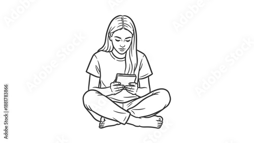 Young woman sitting cross-legged engaged with a digital device in a simple line art illustration