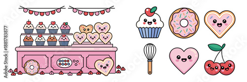 Cute dessert counter with donuts and baking icons – Ideal for kids' party themes, bakery menus, or sweet shop marketing.