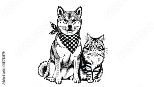 Charming Line Art Depiction of a Dog and Cat Duo Posed Together on a White Background