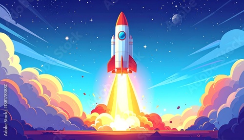 A vibrant cartoon depicts a rocket blasting off with fiery exhaust and billowing clouds against a starry night sky. The moon and clouds are visible