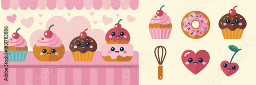 Pastel dessert counter with sweets and icons – Great for Valentine's Day promotions, social media graphics, or stickers.