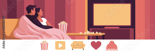 Couple cuddled on sofa for movie night – Perfect for romantic lifestyle content, streaming service ads, or cozy home themes.