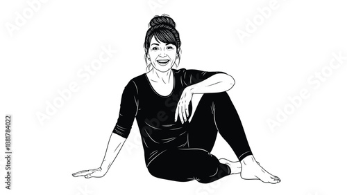 Joyful woman in black attire sitting gracefully in a minimalistic line art style