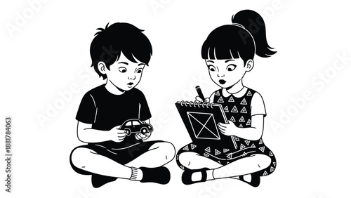 Young siblings engage in creative play, a boy with a toy car and a girl drawing a picture