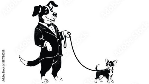 Dapper dog leading a tiny canine companion on a leash in formal attire