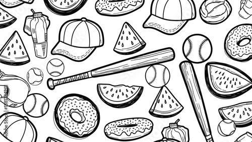 playful baseball and donut pattern with watermelon slices and sport caps for summer fun