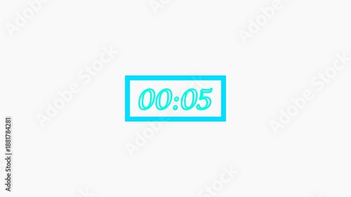 Cyan Digital Countdown Timer 00:05 on White Background Minimal Time Indicator Animation.