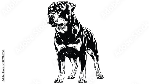 Bold silhouette illustration of a powerful Rottweiler standing alert against a stark white