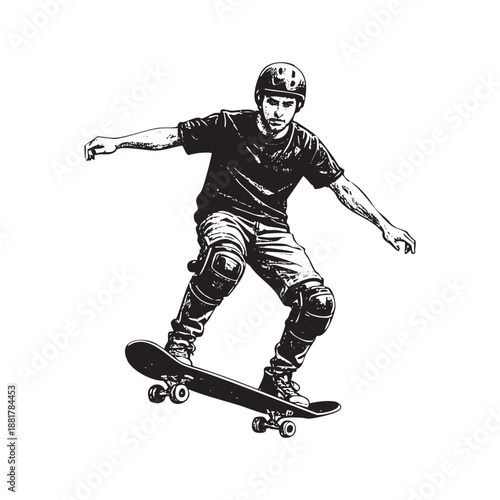 Man skateboarding in action wear helmet	sketch engraving in black and white vintage style collection PNG illustration