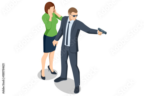 Armed bodyguard protecting woman. Isometric armed bodyguard protecting woman with handgun. Personal security, threat response, protection service, and danger prevention concept illustration.