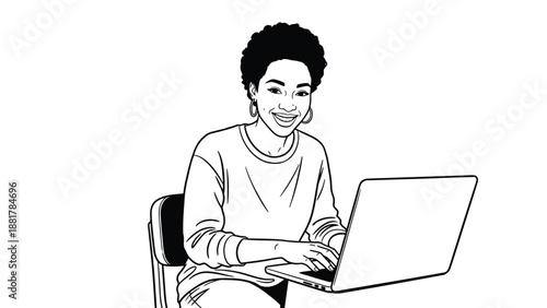 Joyful young woman happily using a laptop computer with a bright smile and modern afro hairstyle