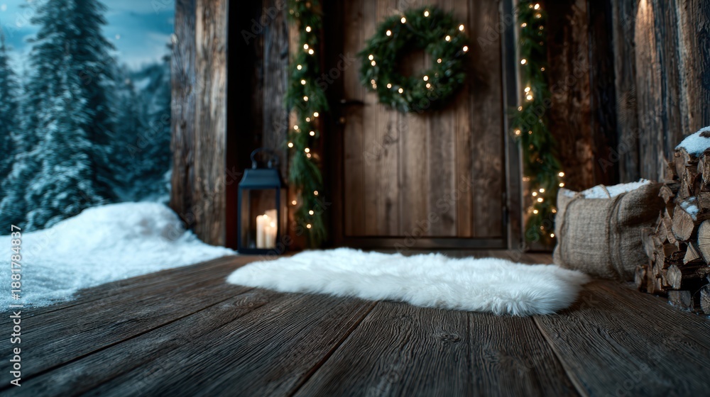 Fototapeta premium A charming winter scene featuring a decorated cabin door surrounded by snow, highlighting the warmth and festivity of the holiday season in a cozy atmosphere.