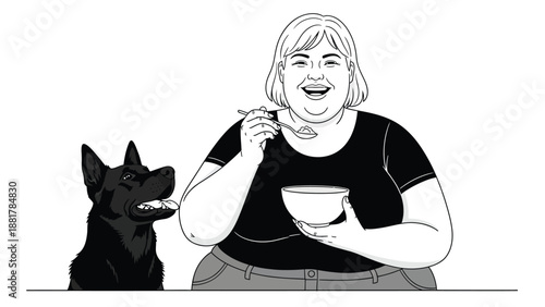 Joyful woman with bowl of food and attentive black dog sharing a moment