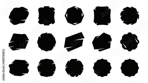 Set of Abstract Black Grunge Shapes and Silhouettes. Irregular Frames, Fractured Borders, and Distressed Badges Vector Collection for Graphic Design.