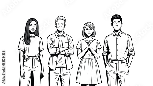 A diverse group of young adults stand together in a stylized black and white illustration