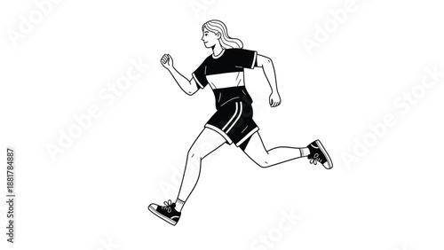 A minimalist black and white illustration of a woman in mid-stride running with determined focus