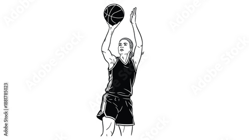 Female athlete executing a jump shot in a basketball game stylized illustration