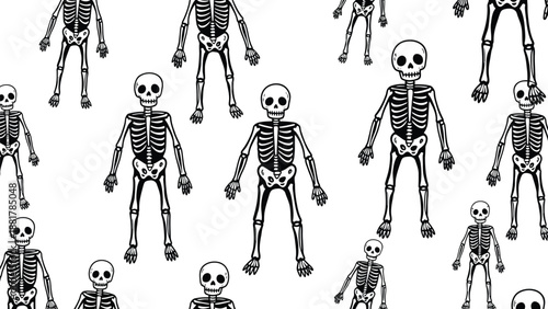 A Spooky and Whimsical Pattern of Stylized Human Skeletons on a White Background