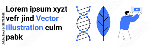 DNA strand, leaf, and a person with a highlighted play button. Ideal for biotechnology, ecology, education, innovation, science communication, sustainability simple landing page