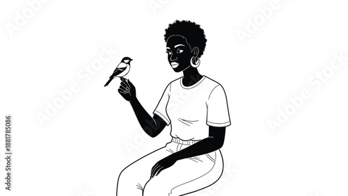 Empowered young woman shares a quiet moment with a small bird on her finger in a minimalist
