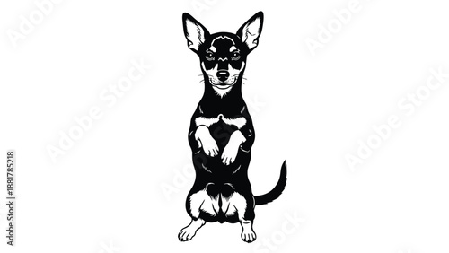 Stylized black and white silhouette of a small terrier dog in a playful stance on white background