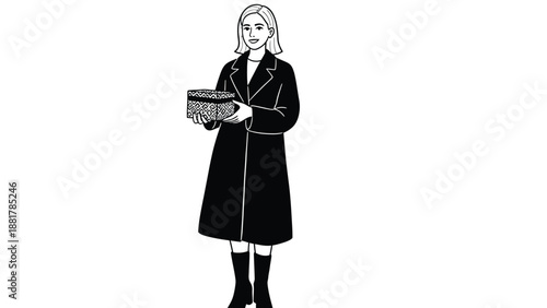 Stylized monochrome illustration of a woman in a long coat holding a decorative gift box presented
