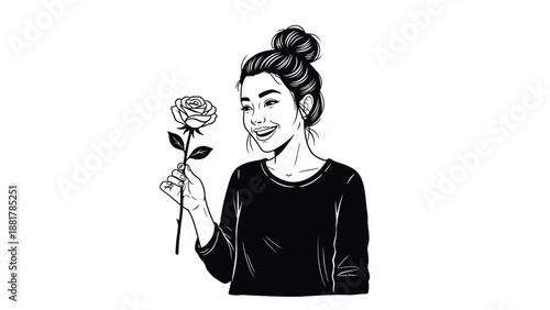 Whimsical line art drawing of a joyful young woman holding a delicate rose bloom with a smile