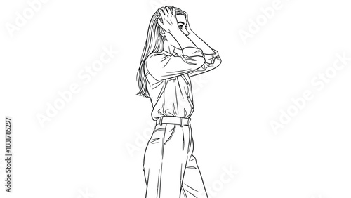 Stylized line art drawing of a woman holding her head in frustration or contemplation