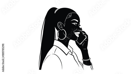 Stylized illustration of a Black woman with a high ponytail talking on her smartphone