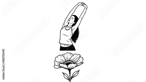 Black and white line art illustration of a woman stretching and a blooming flower