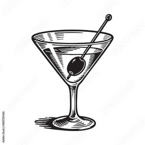 Engraved of cocktail with olive fruit in Black and White Engraved Illustration Style