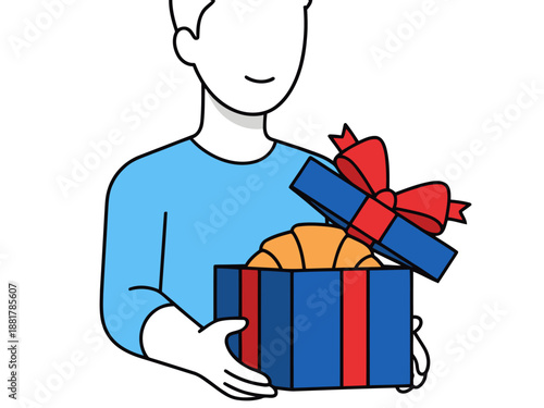 A smiling man presents a gift box filled with croissants. A cheerful morning celebration scene with a blue shirt and a red bow. Bright, inviting, and commercially appealing.