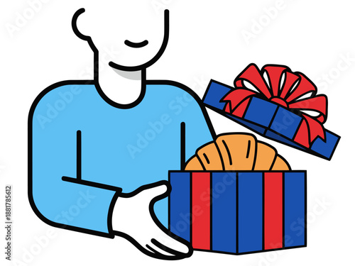 A smiling man presents a gift box filled with croissants. A cheerful morning celebration scene with a bright, modern aesthetic.