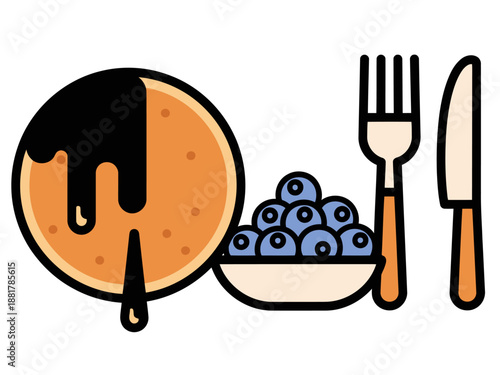 A playful pancake day icon featuring a dripping pancake, blueberries, and cutlery. Bold, graphic style ? perfect for food marketing and celebrations!