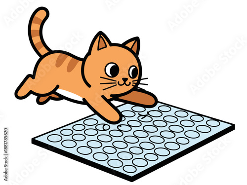 A playful orange cat leaps across a bubble wrap surface, creating a dynamic and colorful image. Perfect for playful or fun concepts.