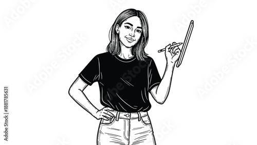 Young artist posing confidently while holding a digital stylus and tablet in a minimalist
