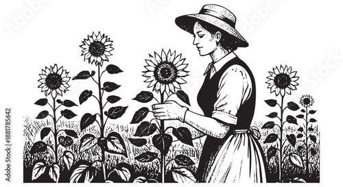 woman gardening sunflower in Black and White Engraving Style