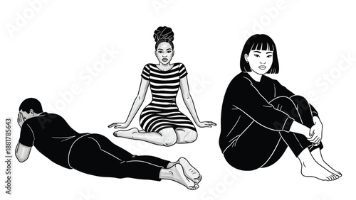 Diverse individuals depicted in minimalistic line art, conveying introspection and varied