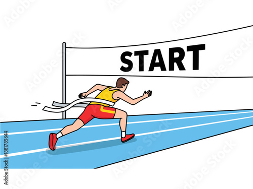 A runner sprints backward towards a finish line, symbolizing reverse success. Dynamic illustration with bold colors and a clear composition. Perfect for motivational content.
