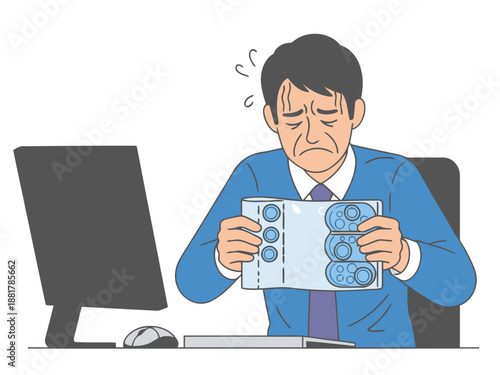 A stressed professional clutches money, overwhelmed by a computer screen.  Bubble wrap offers a visual stress relief solution.  Modern illustration style.