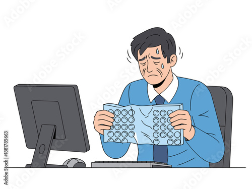 A stressed professional clutches bubble wrap at his computer, conveying anxiety. Clear, modern illustration style. Suitable for stress relief and wellness themes.