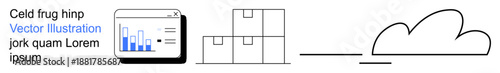 Data management, cloud technology, analytics, logistics, warehouse storage, shipping. Minimalist illustration showing a bar chart, boxes and cloud. Data management and cloud technology