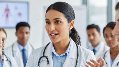 Female doctor speaking to medical team during briefing