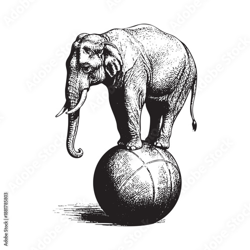 Detailed Engraving of Elephant standing on ball sketch engraving generative ai fictional character raster illustration. Scratch board. Black and white