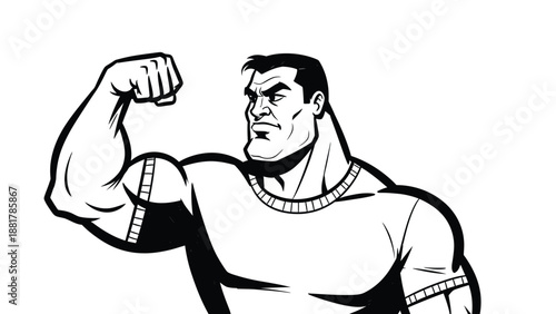 Muscular man flexing bicep in bold comic book style illustration